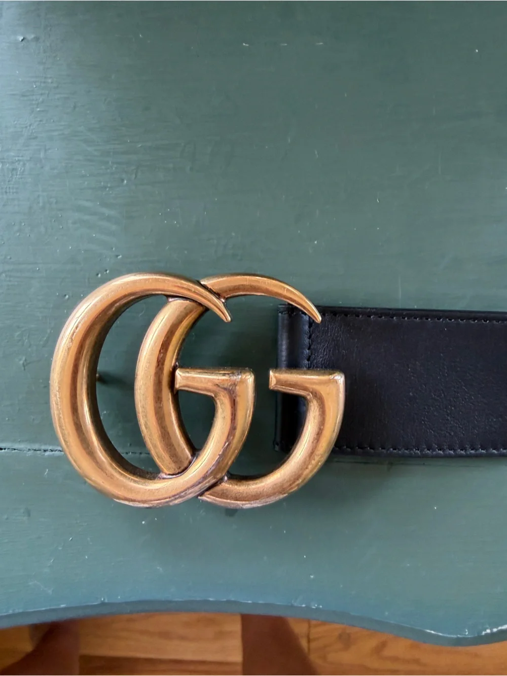 Gucci Black Leather Belt with Aged Gold Double G Buckle